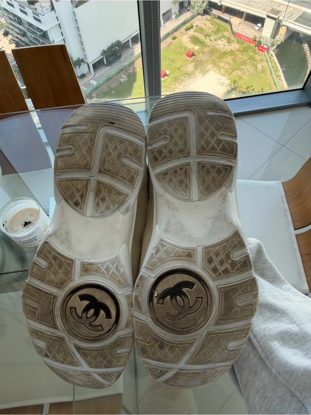 CHANEL Beige and White Suede CC Runner Sneaker